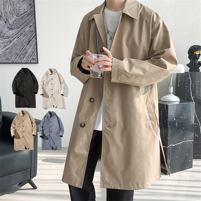 コート スプリングコート メンズ 春 アウター ビジネス ロングコート 薄手 ビッグシルエット ステンカラーコート シンプル 大人 通勤 春服 秋服 無地 ロングジャケット 紳士服 30代 40代 50代 ロング丈 カッコイイ スプリング 仕事