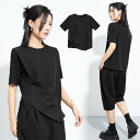 【15%OFFクーポンで2,822円:3点で】Tシャツ M/L レディース トップス カットソー 半袖 丸首 ゆったり 夏 Tシャツ 非対称 アシメトリー 半袖tシャツ タック ブラック 黒