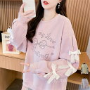 スウェット ロゴ ロング ロゴ レディース トップス 長袖 Uネック デザイン リボン お尻が隠れる チュニック ロゴプリント カットソー 長い 大きいサイズ 体型カバー カーキ パープル 夏 春
