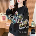スウェット プリント ロング レディース トップス 長袖 Uネック トレーナー お尻が隠れる チュニック プリント カットソー 長い 大きいサイズ 体型カバー 黒 アイポリー 夏 春