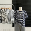 Tシャツ レディース トップス カットソー 半袖 半そで 丸首 クルーネック ボーダー 柄 背中開き 綿混 薄手 大きいサイズ ゆったり 体型カバー 春 夏 ボ...