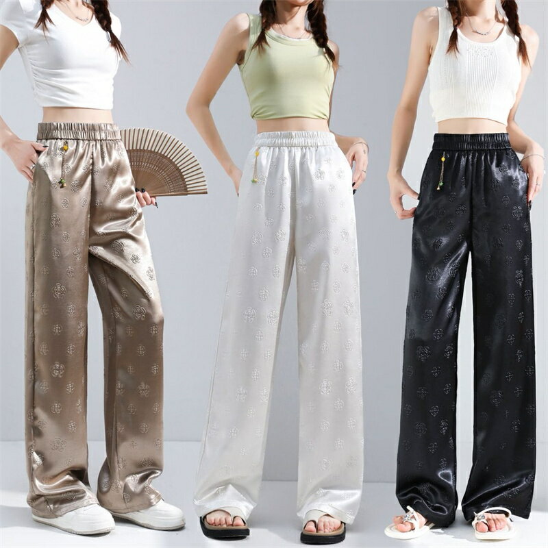 パンツ ジャガード 花柄 接触冷感 レディース シワになりにくい ワイド ワイドパンツ ロング ロングパンツ 太い 薄目 柄 総柄 ボトムス ボトム ストレート ズボン ゆったり ハイウエスト ウエストゴム 美脚 体型カバー 大きいサイズ 黒 ベージュ 春 夏