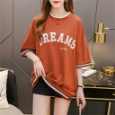 Tシャツ プルオーバー カットソー レディース 半袖 半そで 大きいサイズ ゆったり 夏 クルーネック ロゴ プリント 配色 半袖tシャツ