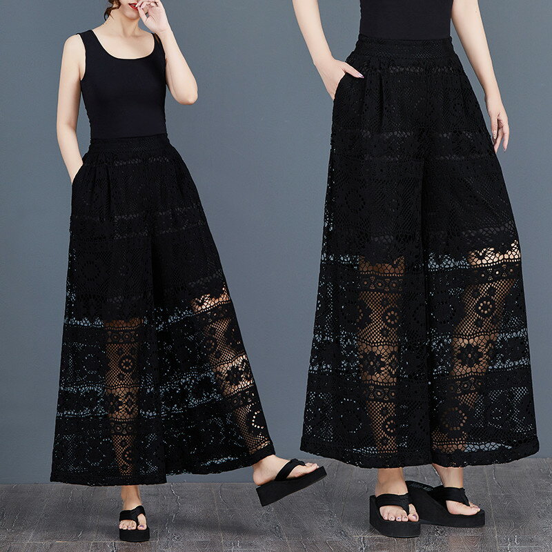 パンツ ワイド 総 レース レディース ワイドパンツ ロング ロングパンツ シアー 透け 体型カバー ボトムス ボトム ストレート タック ズボン ゆったり 美脚 大きいサイズ 黒 ブラック 春 夏