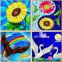 【在庫一掃セール】 ダイヤモンドアート キット 花 鳥 4種 初心者 かわいい ステンドグラス風デザイン 向日葵 白鳥 鷹 ダイヤモンドペインティング ダイアモ...