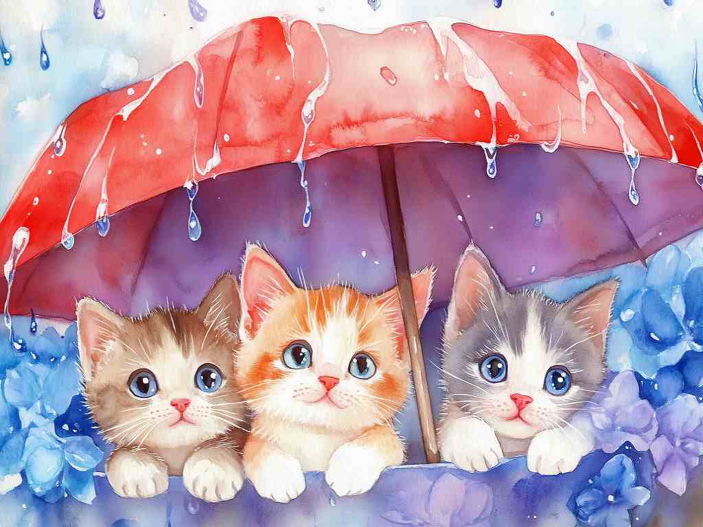 ダイヤモンドアート キット 四角ビーズ 猫 Kitten 雨の日 赤い傘と紫陽花 梅雨 ABビーズ スクエア ダイアモンドアート ダイヤモンドペインティング ビーズ 刺繍キット セット オーロラビーズ 可愛い 送料無料のサムネイル