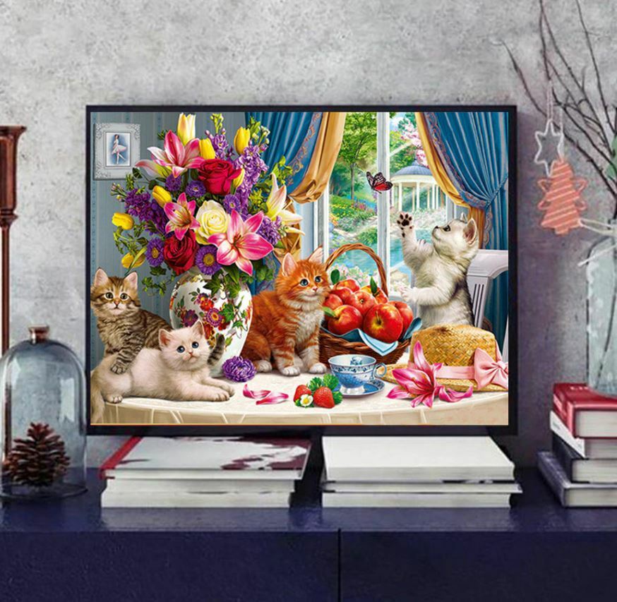 ダイヤモンドアート キット 猫 50×40 大型 ティータイム 花 四角ビーズ 丸ビーズ ダイアモンドアート セット 中級者 上級者 ビーズ刺繍キット ダイヤモンドフィックス 送料無料 3