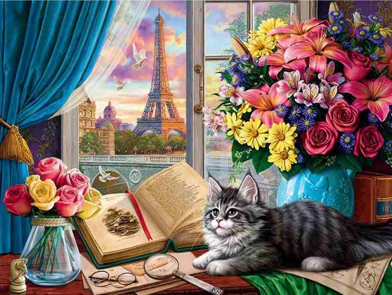 ダイヤモンドアート キット 猫 窓からの眺め タワー 花 50×40 四角ビーズ 大型 大作 ダイアモンドペインティング セット 中級者 上級者 ビーズ刺繍キット ダイヤモンドフィックス 送料無料のサムネイル