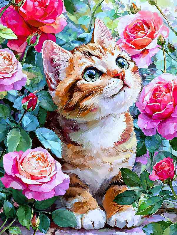 ダイヤモンドアート 四角ビーズ 猫と薔薇 花 さび猫 ダイアモンドペインティング ビーズ刺繍 キット セット ダイヤモンドフィックス ABビーズ オーロラ スクエア ダイアモンドアート モザイク画 インテリア ハンドメイド 手芸 huacan さくらシフォン オリジナル 送料無料