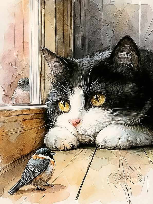 ダイヤモンドアート 丸ビーズ 窓辺の出会い 猫と小鳥 ダイアモンドアート ダイヤモンドペインティング 初心者OK ファンタジー 癒しのインテリア 手作り DIY ハンドメイド ギフト（楽天・さくらシフォン）