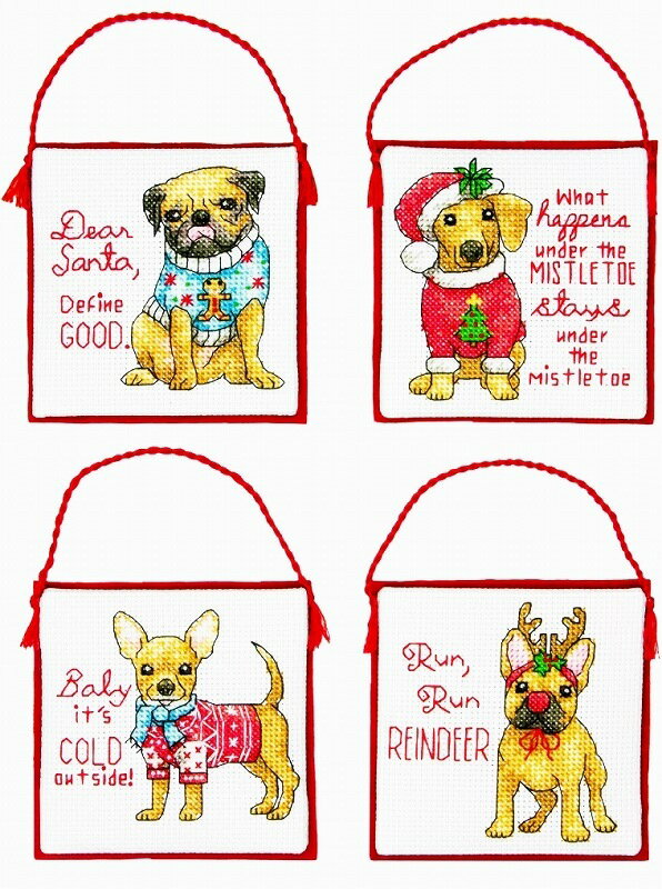 Dimensions クロスステッチキット 犬 クリスマス オーナメント 4種 パグ ダックスフント チワワ アメリカ Christmas Pals Ornaments 子犬 ディメンションズ 14カウント 初級 初心者 刺繍キット 送料無料