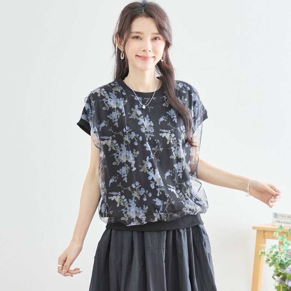 Rakuten - 花柄 チュニック レディース 半袖 ボタニカル柄 トップス 夏 春 薄手 透け素材 袖リブ 裾リブ シアー素材 白 黒 ゆったり 体型カバー オーバーサイズ