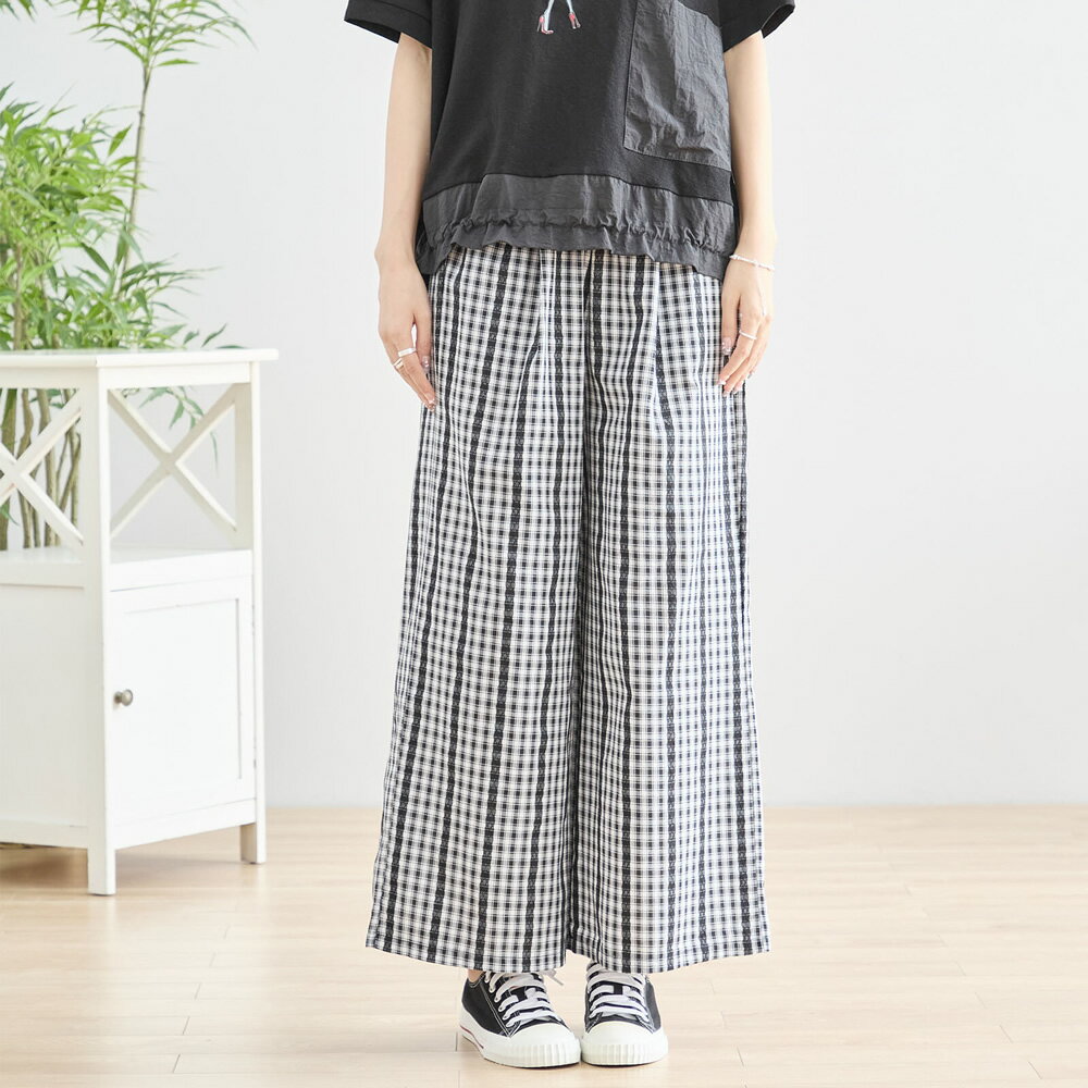 Nylon, Rayon, Polyester - ギンガムチェック ワイドパンツ レディース 夏 九分丈 チェックパンツ チェック柄 ワイドパンツ ボトムス ストレッチ パンツ 無地 綿100% シンプル オフィス きれいめ ゆったり 通勤 無地