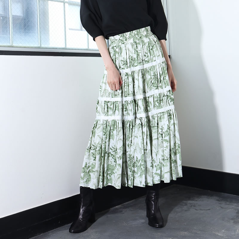 Rakuten - スカート ドレープ 総柄スカート フレアスカート 夏 軽い リーフ柄 ボタニカルデザイン ロングスカート ロング丈 マキシ丈 マキシスカート ロング ゆったり 楽ちん ウエストゴム