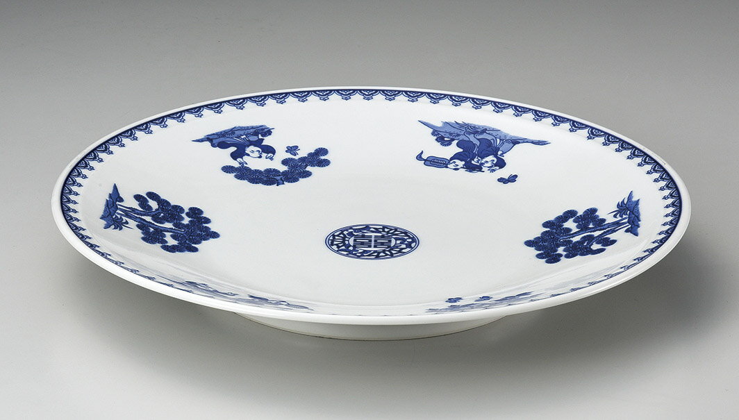 染付唐子 34cm 11.0 特大皿34.5x5.2cm 日本製オードブル さしみ盛 お惣菜の盛り合わせ パーティー 宴会..