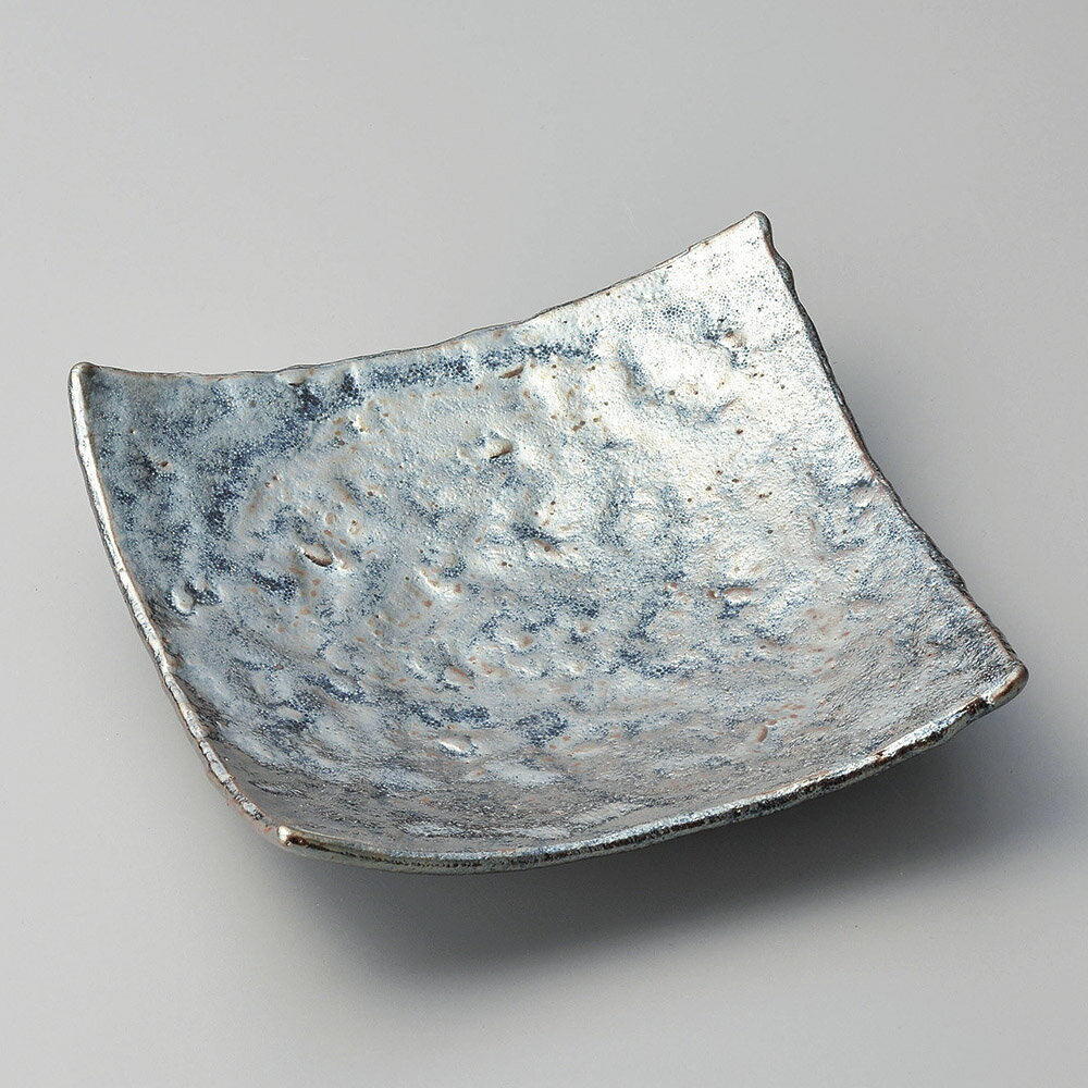 信楽焼 20cm 銀彩釉 正角皿　19.5x19.5x5cm　日本製　オードブル てんぷら 刺身　揚げ物 お惣菜の盛り合わせ　盛り付けを演出する重厚な平皿のサムネイル
