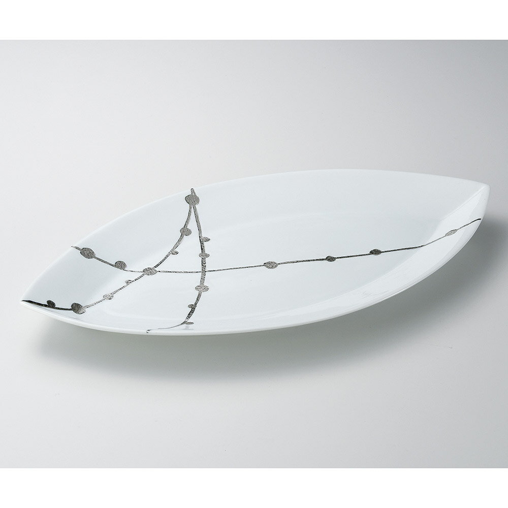 有田焼 50cm 玉すだれ 葉型 変形皿 50x26x4.5cm 日本製 プラチナ彩の美しいうつわ　盛込皿　刺し盛 お惣菜の盛り合わせ パーティー 宴会 おもてなしの盛り付けに大振りの特別な細長皿 超特大サイズ