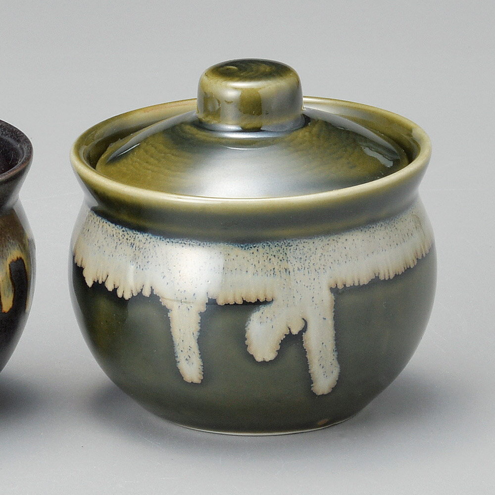 織部釉ながし 蓋付壺 ミニ8x8cm 180cc 日本製の薬味つぼ 蓋物 調味料容器 からし 紅しょうが にんにく 唐辛子 ラーメン 居酒屋 焼肉店 陶製卓上用品