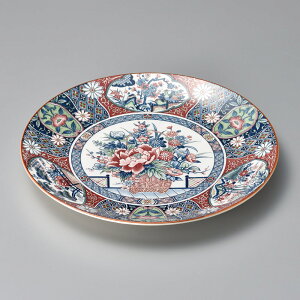 万古焼 花籠絵図 32cm 大皿 32x3.5cm 日本製 萬古焼 華やかな総柄の大皿