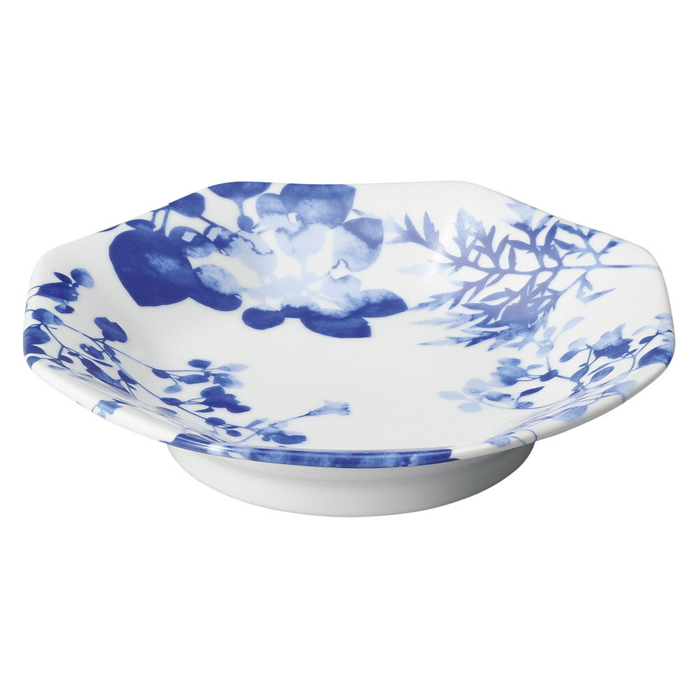 藍芙蓉 19cm チャーハン & シュウマイ用 八角皿日本製 瑞々しい藍ブルーの草花画が美しいモダンな新中..