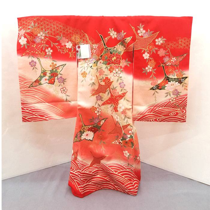 301 祝着 女の子 初宮参り お祝着 初着 産着 一ツ身 のしめ 熨斗目 赤地 サーモンピンク ぼかし 鶴の中に花の柄 【送料無料※】