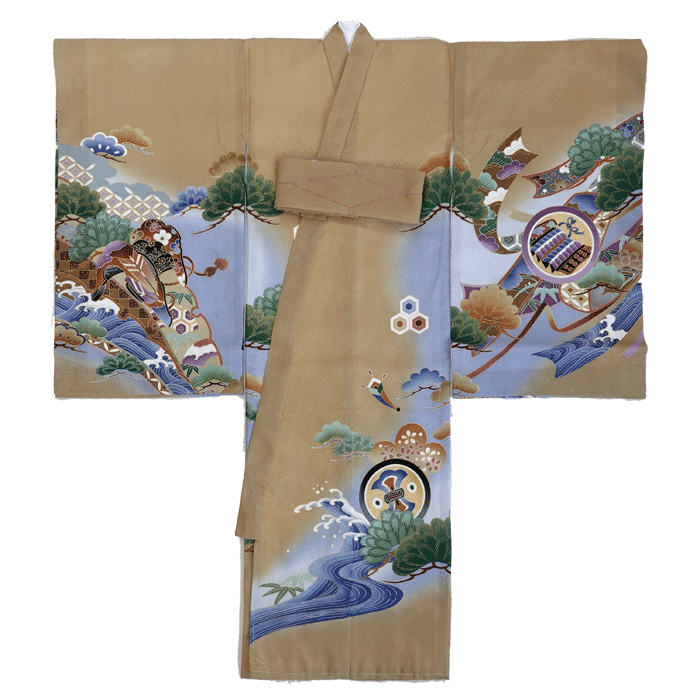 110 男の子 ベージュ 中淡水色 兜 祝い柄 初宮参り お祝着 初着 産着 一ツ身 のしめ 熨斗目 男の子 【送料無料※】