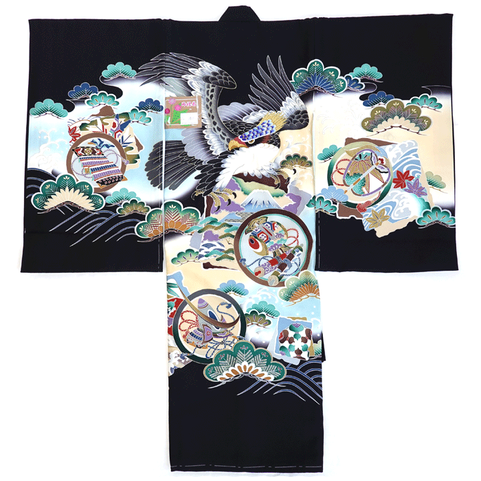 131 男の子 黒地 鷹 富士 祝い柄 初宮参り お祝着 初着 産着 一ツ身 のしめ 熨斗目 男の子 【送料無料※】【ポイント20倍】