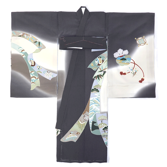 161 男の子 チャコールグレー 一越ちりめん 手描き友禅 鷹 のし 兜 初宮参り お祝着 初着 産着 一ツ身 のしめ 熨斗目 男の子 【送料無料※】