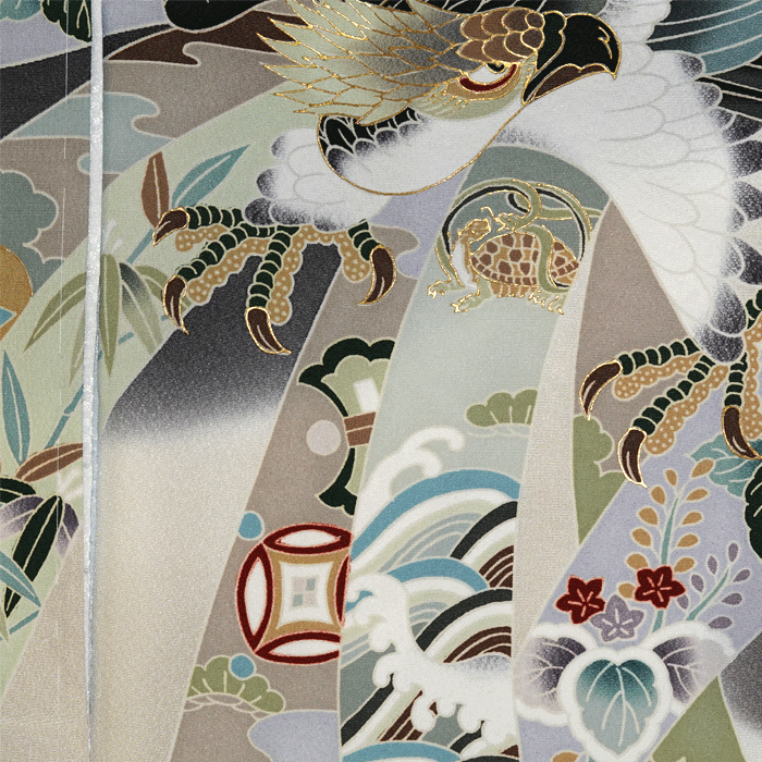 161 男の子 チャコールグレー 一越ちりめん 手描き友禅 鷹 のし 兜 初宮参り お祝着 初着 産着 一ツ身 のしめ 熨斗目 男の子 【送料無料※】