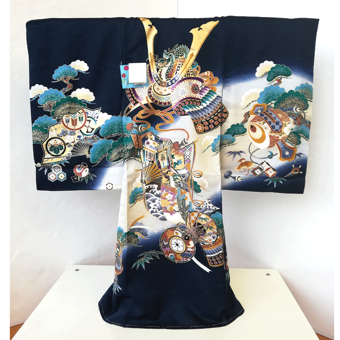 301 お祝着 初着 産着 一ツ身 のしめ 熨斗目 男の子 紺地 さや柄 兜 末広の扇 【送料無料※】