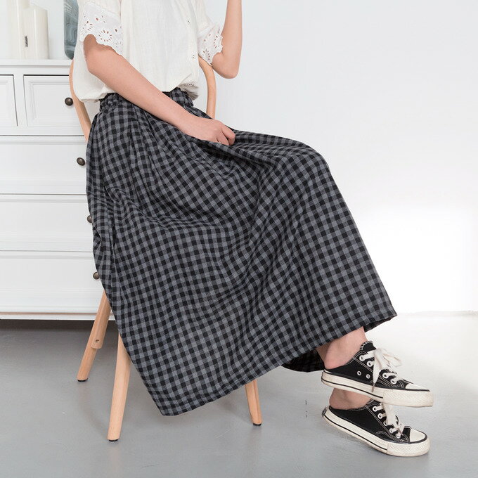 春物新作 ギンガムチェック フレアースカート コットン リネン 綿 麻スカート ミモレ丈 ロング丈 フレア 体型カバー カジュアル ボトムス レディース キュート 大人可愛い 楽ちんゴム 春 夏 秋 冬 ブラック グレー