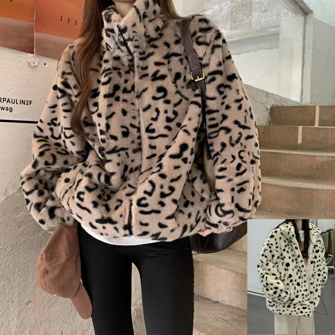[マラソン期間中 全品20％以上OFF] 秋冬物新作 レディース アウター アニマル ロングファー ジャケット ビック ブルゾン オーバーサイズ ボア ふわふわ ダルメシアン 豹柄 レオパード ロングフリース ボア モコモコ もこもこ スタンドネック ファスナー 秋 冬 アイボリー ブのサムネイル