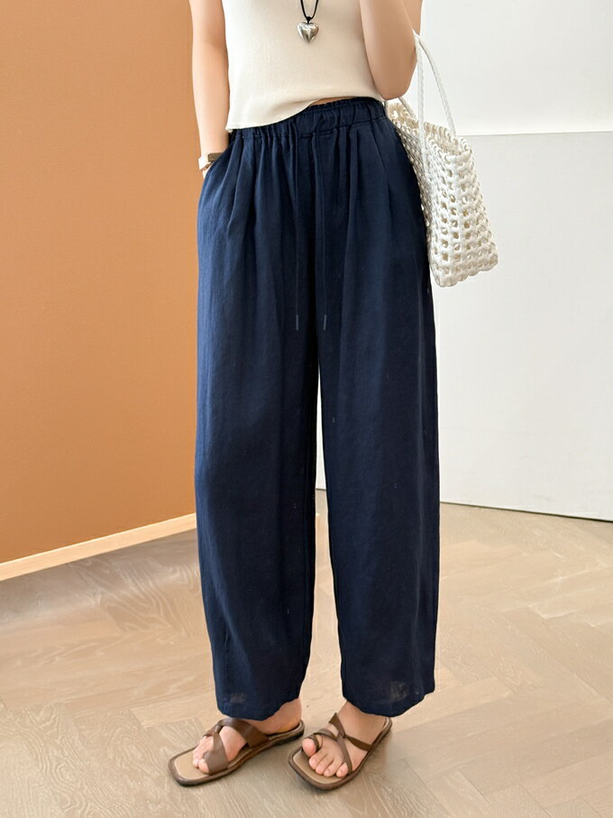 麻100%パンツ/ブルー/ゆったり/厚手/ストーンウォッシュ/ 麻100%パンツ/ブルー/ゆったり/厚手/ストーンウォッシュ/ 楽天