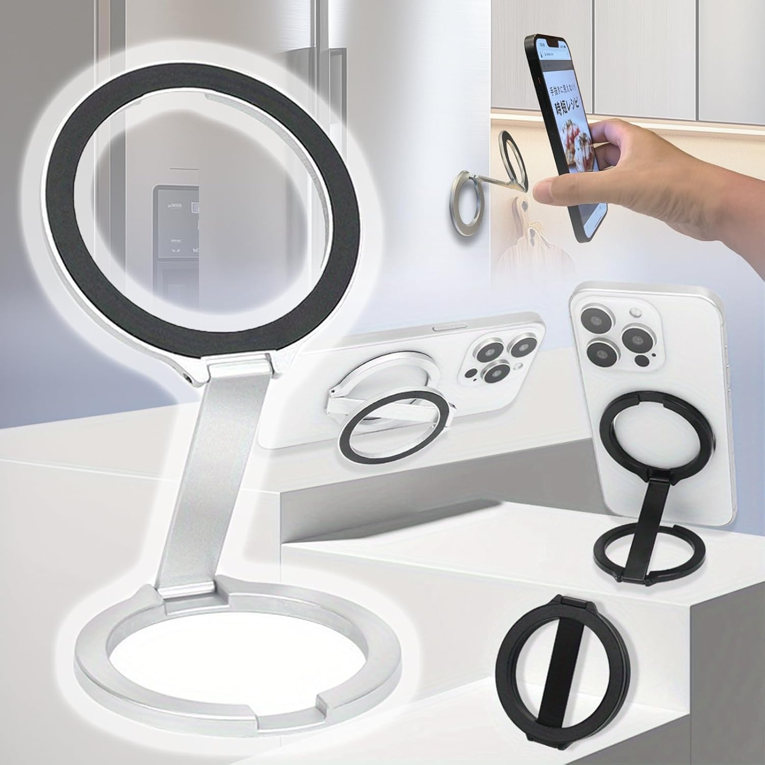 マグセーフ スタンド 壁掛け 両面マグネット スマホリング magsafe シール2枚付き シルバー magsafe対応 リング マグセーフリング マグネットスマホリングのサムネイル