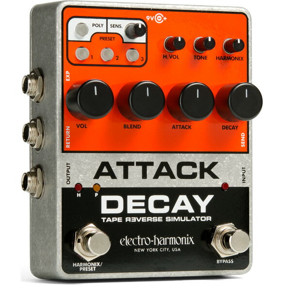 Attack Decay Tape Reverse Simulator 1980年頃の electro-harmonix Attack Decay はヴィンテージペダルの愛好家たちの間では、貴重なものとして珍重されています。オリジナルの Attack Decay は Tape Reverse Simulator と呼ばれており、ボリュームスウェル、テープの逆再生サウンド、人工的なショートスタッカートや弦楽器ようなエフェクトを生み出す事ができます。新しい Attack Decay はオリジナルを再解釈し、クールな機能はそのままに利便性と強化した現代的な機能を複数追加しました。 オリジナルのようにシングルボリューム・エンベロープを生み出すほか、ポリフォニックを ON にして演奏することでそれぞれの音に別々のボリューム・エンベロープを付加することもできます。内蔵のハーモニックファズは Gain、Tone、Volume コントロールを搭載したディストーションです。搭載したエフェクトループにより、ミュージシャンやサウンドデザイナーがリターンジャックにどんな信号を入力しようとも、ボリューム・エンベロープを配置することができます。エクスプレッション・ペダル/CV インプットと3つのプリセットにより、Attack Decay を完全にコントロールします。 アタック/ディケイタイムを調整可能なボリューム・エンベロープ操作 モノラルモード：1つのボリュームエンベロープタイムを設定し、新しい音が入力されるとリセットされます。 ポリフォニックモード：入力した音それぞれに設定したエンベロープがかかります。 内蔵のハーモニックファズはボリュームエンベロープエフェクトを際立たせたり、弦楽器のようなサウンドを生み出します。 内蔵のエフェクトループはボリューム・エンベロープに所有しているペダルをインサートできます。 Attack Decay の全てのノブをコントロールするエクスプレッション・ペダル/CV（コントロールボルテージ） 3プリセットまでセーブ／リコール可能なプリセット機能 内蔵のハーモニックファズはボリュームエンベロープエフェクトを際立たせたり、弦楽器のようなサウンドを生み出します。 JP9.6VDC-200mA アダプター付属