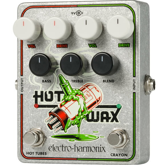 Hot Wax Dual Overdrive ギターにもベースにも素晴らしいトーンをもたらす Hot Wax は、EHX の Hot Tubes と Crayon を1台に融合したパワフルなデュアル・オーバードライブペダルです。各セクションを個別で使用することも、両セクションを同時に 使用することで2つのセクションをスタックし、Hot Tubes を Crayon でドライブさせることも可能です。マスター EQ (Treble、Bass) と Blend コントロールは、パワープレイヤーが求める柔軟性に富んだトーンに応えます。Hot Wax は、プレイヤーにインスピレーションを与えられる素晴らしいオーバードライブのさらなる進化形なのです。 フルレンジ・オーバードライブと1970年代の CMOS方式の Hot Tubes オーバードライブをリイシューした Hot Tubes Nano とのコンビネーションペダル Crayon と Hot Tubes の各セクションを独立して使用でき、さらに同時に使用すれば2つのセクションをスタックして Hot Tubes を Crayon でドライブさせることが可能 ギターとベースのどちらで使用しても素晴らしいサウンドを生み出します Blend コントロールはドライシグナル（原音）と歪み成分（エフェクト音）のミックスバランスを調整可能で、特にベースで使用する場合に効果を発揮します マスター EQ セクションの Bass と Treble コントロールは、トーン・コントロールの幅と柔軟性をさらに向上させます ON/OFF 切替時のポップノイズを低減させるフットスイッチを採用 電源：JP9.6DC-200 アダプター付属