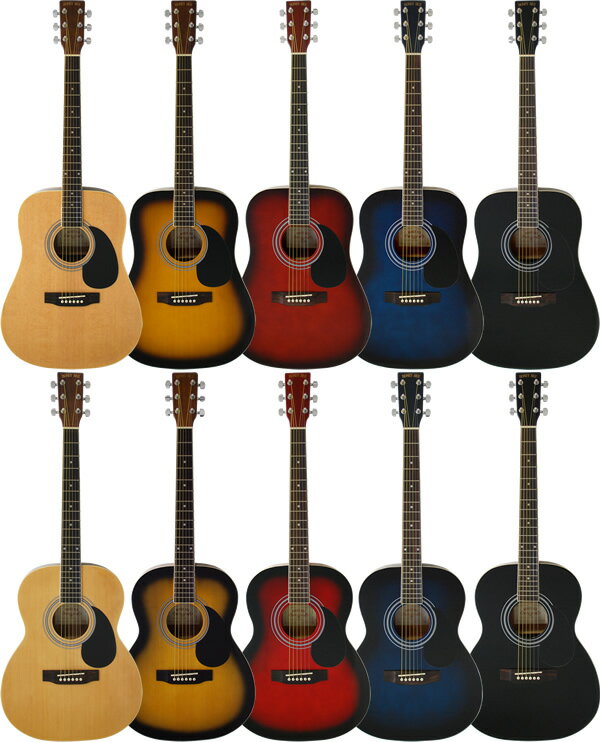 アコースティックギターの決定版。アコースティックギターランキングの上位常連の超定番アコギです。トップ材には高級ギターにも使われる有名木材「スプルース」を採用（マホガニーカラーのみマホガニー材）、アコギらしい明瞭なサウンドが楽しめます。HONEYBEEギターにはアコースティックギターの長い歴史を代表する選べるスタイル、豊富なカラー、仕上げ、様々なモデルをご用意しており、あなたにピッタリなアコギが必ず見つかります。※「JG/BK」タイプは完売いたしました。
