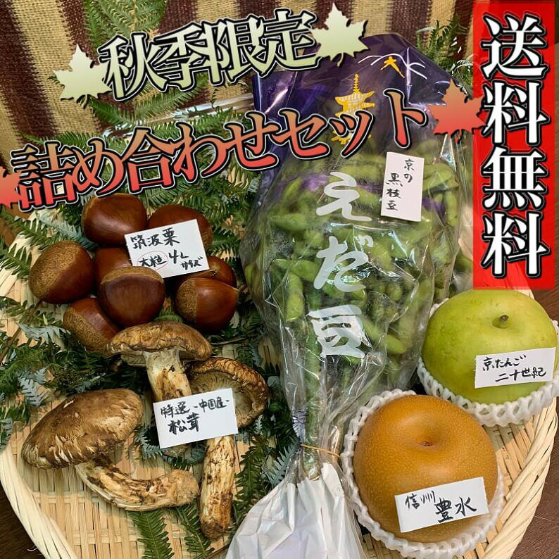 【秋季限定】旬の贅沢*季節の詰合せセット特選*中国産松茸(約100g)/筑波栗・大粒4Lサイズ（約300g）/京都府産枝付き黒豆（約500g）/京たんご20世紀梨+信州豊水梨（各1玉）*送料無料(一部地域除く)**誕生日・ギフト*京野菜くだもの厳選*お取り寄せ*敬老の日*旬の食材のサムネイル