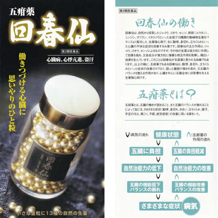金粒【第2類医薬品】回春仙　40粒　心臓病　心悸亢進　盗汗　和漢薬　ジャコウ　ゴオウ　センソ　サフラン
