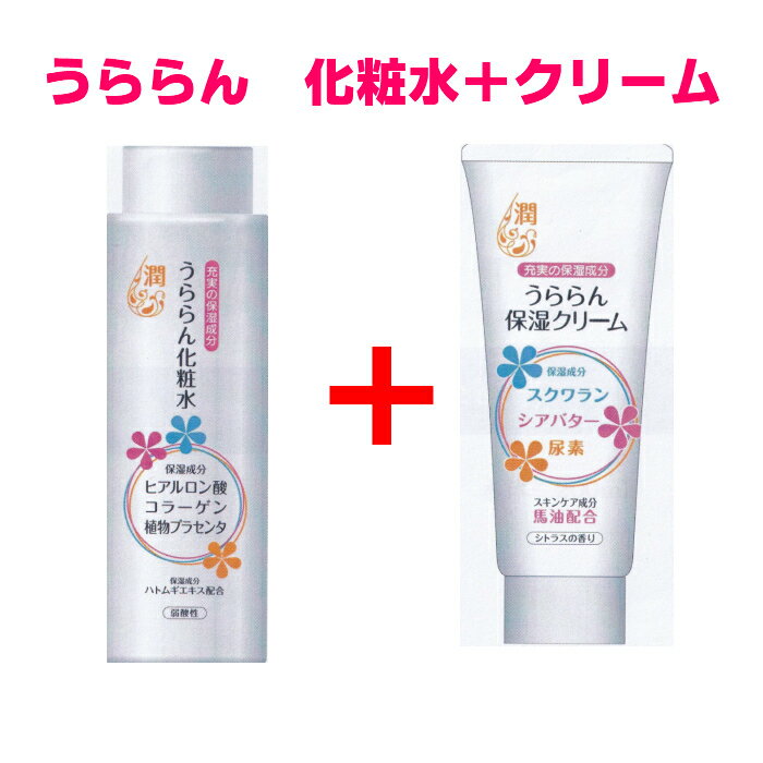 商品説明文 名称 URスキンクリーム　うららん保湿クリーム 原材料名 水　ミネラルオイル　グリセリン　PEG-150 BG　ワセリン　スクワラン　ステアレス−6　馬油　尿素　シア脂　(アクリレーツ／アクリル酸アルキル) クロスポリマー水酸化NA　EDTA-4Na　メチルパラベン　エチルパラベン　香料 内容量 100g 使用上の注意 ★お肌に異常が生じていないかよく注意して使用してください ★傷、はれもの、湿疹等異常のある時は使用しないでください ★赤み、はれ、かゆみ、刺激、色抜けや黒ずみ等の異常が出たら使用を中止し皮膚科医へご相談ください。そのまま使用し続けると悪化することがあります。 ★目に入らないように注意し、目に入ったときはすぐに洗い流してください ★乳幼児の手の届かないところにおいてください。 ★極端に高温又は低温の場所や直射日光のあたる場所に置かないでください 原産国 日本 販売者 大協薬品工業株式会社 文責 株式会社さくら医薬品 商品説明文 名称 うららん化粧水 原材料名 水　グリセリン BG　ハトムギ種子エキス　ヒアルロン酸Na　キサンダンガム　(スチレン／アクリレーツ)コポリマー　PEG-60 水添ひまし油 水溶性コラーゲン　メロン胎座エキス　クエン酸　クエン酸Na フェノキシエタノール　メチルパラベン 内容量 200mL 使用上の注意 ★お肌に異常が生じていないかよく注意して使用してください ★傷、はれもの、湿疹等異常のある時は使用しないでください ★赤み、はれ、かゆみ、刺激、色抜けや黒ずみ等の異常が出たら使用を中止し皮膚科医へご相談ください。そのまま使用し続けると悪化することがあります。 ★目に入らないように注意し、目に入ったときはすぐに洗い流してください ★乳幼児の手の届かないところにおいてください。 ★極端に高温又は低温の場所や直射日光のあたる場所に置かないでください ★天然由来成分を配合しているため、温度の変化等でまれにオリや沈殿物が発生することがあります。 またボトル内側に白い輪ができることがありますが内容成分か付着したものであり、製品の品質や安全性には問題ありません。 原産国 日本 販売者 大協薬品工業株式会社 文責 株式会社さくら医薬品