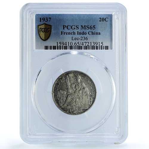 フランス フランス領インドシナ 20セント リバティ・シーテッド KM-17.2 MS65 PCGS Agコイン 1937年