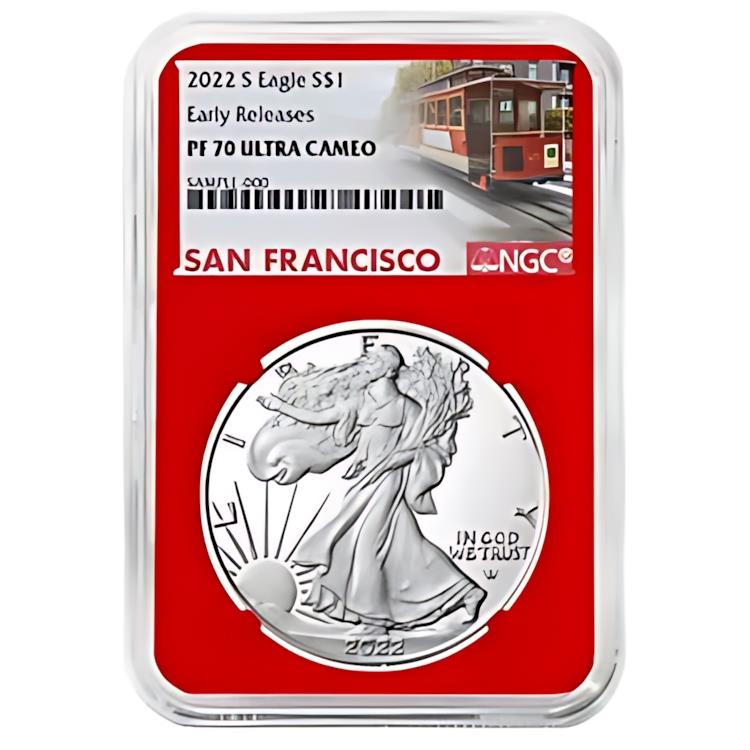 2022-S Proof $1 American Silver Eagle NGC PF70UC ER Trolley Label Red Core商品についてNGC認証ストライクタイププルーフ2022 年コインアメリカンイーグルユニットあたりの貴金属含有量 1 オンスグレード PR 70ブランド/造幣局 米国造幣局繊度 0.999製造国/地域 米国構成シルバー