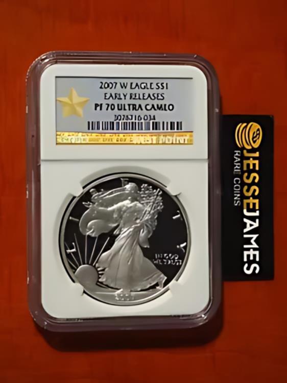 2007 W プルーフ シルバー イーグル NGC PF70 ウルトラ カメオ 初期リリース ゴールド スター ラベル(3)