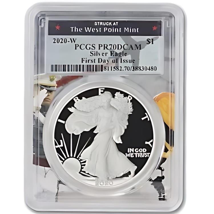 2020-W $1 アメリカン シルバー イーグル PCGS PR70DCAM 発行初日プルーフ アーミー コア