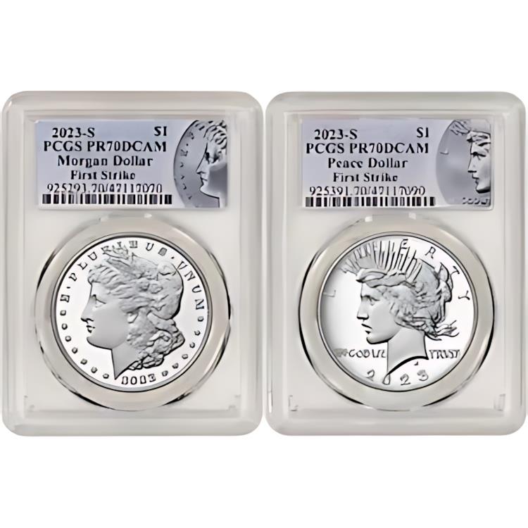 2023 S US 2 コイン モーガンとピース シルバー ダラー プルーフ セット PCGS PR70 ファースト ストライク