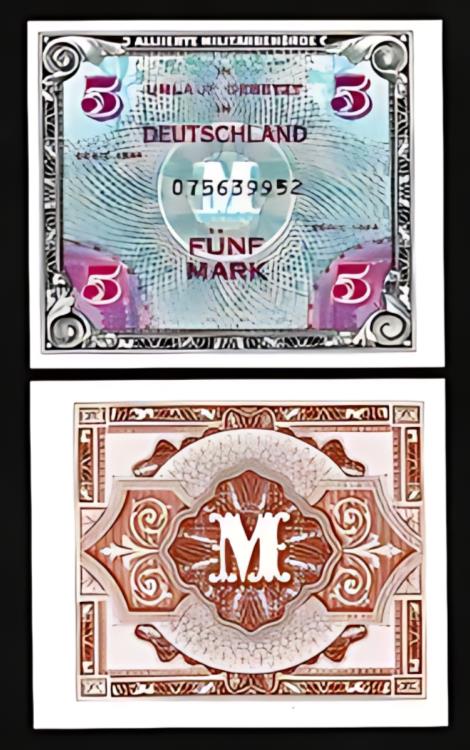 ドイツ 5 マーク 1944 、UNC 、P-193a 、連合国軍の支払い、第二次世界大戦、9 桁