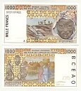 西アフリカ諸国、コートジボワール、1000 フラン 1997、UNC、P-111Ag