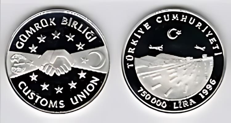 トルコ、1996 関税同盟、750,000 リラ UNC シルバー 記念コイン 925Ag