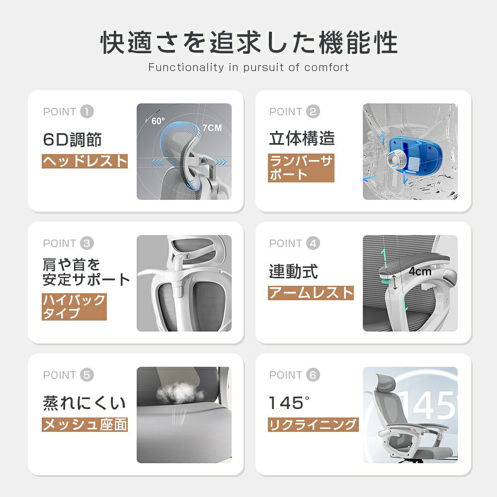 オフィスチェア 高機能チェア 椅子 ゲーミングチェア デスクチェア リクライニングチェア 人間工学 チェア 145度リクライニング メッシュチェア パソコンチェア 事務椅子 昇降調節 在宅勤務 勉強 学習 勤務 [2]
