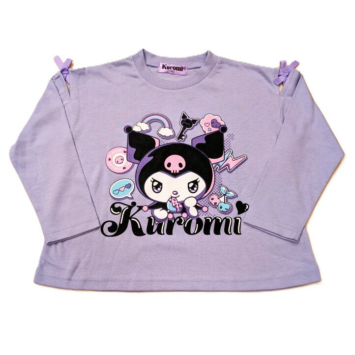 サンリオ　クロミ　プリント　肩開き　長袖　Tシャツ　女の子　キッズ　ジュニア　子供　パープル　キラキラ　リボン　100cm　110cm　120cm　130cm　秋　冬　春　服　ロンT　かわいい　キャラクター